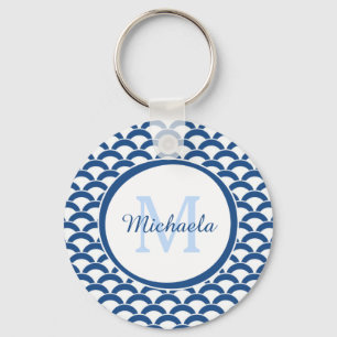 Modern Blue and White Scallops Monogram and Name Key Ring