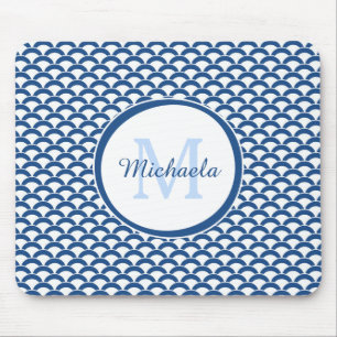 Modern Blue and White Scallops Monogram and Name Mouse Pad