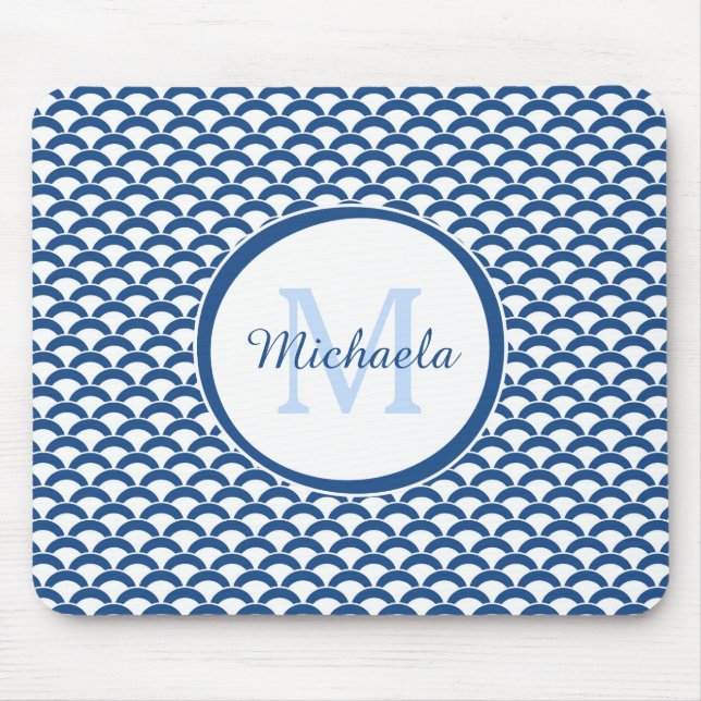 Modern Blue and White Scallops Monogram and Name Mouse Pad (Front)