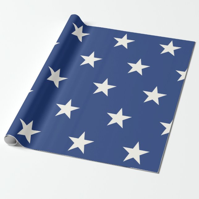Modern Blue and White Star Pattern Wrapping Paper (Unrolled)
