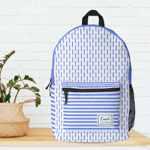 Modern Blue and White Stripes Monogram Printed Backpack
