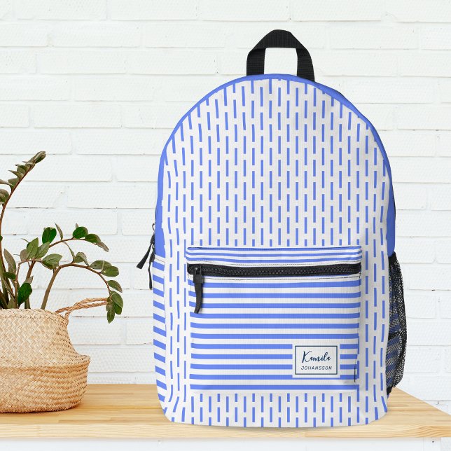 Modern Blue and White Stripes Monogram  Printed Backpack (Creator Uploaded)