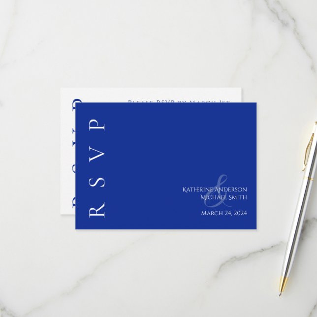 Modern Blue and White Wedding RSVP Card (Front/Back In Situ)