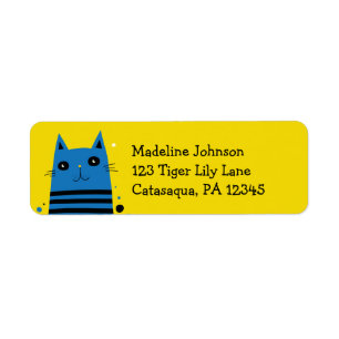 Modern Blue and Yellow Cartoon Cat Return Address
