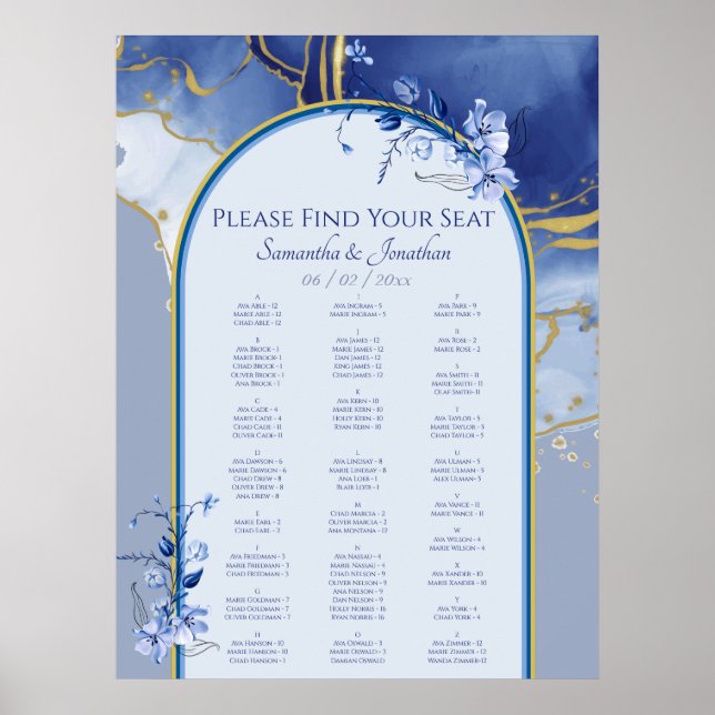 Modern Blue Aqua Marble Wedding Seating Chart (Front)