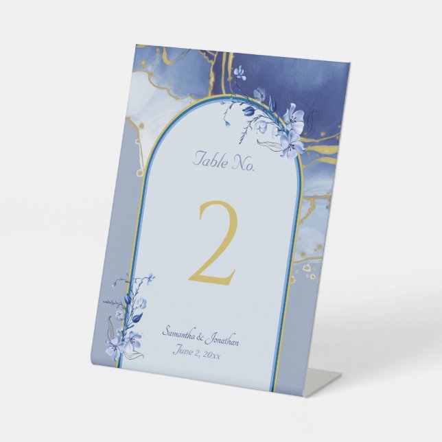 Modern Blue Aqua Marble Wedding Table Number Pedestal Sign (Front)
