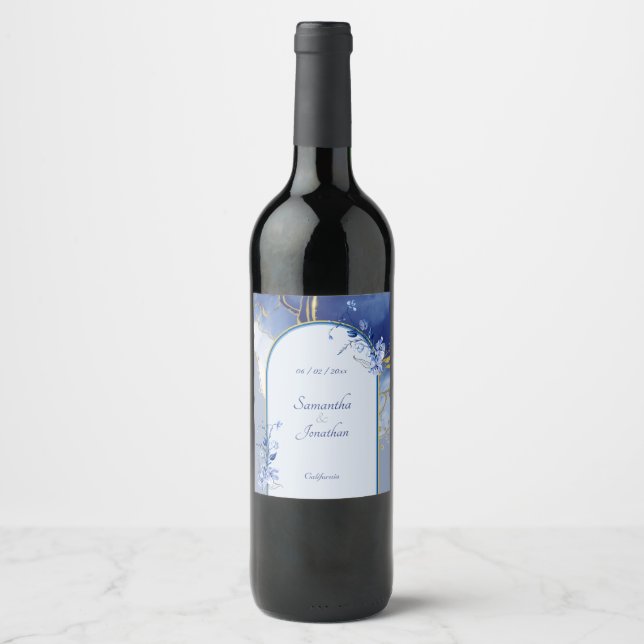 Modern Blue Aqua Marble Wedding Wine Label (Front)