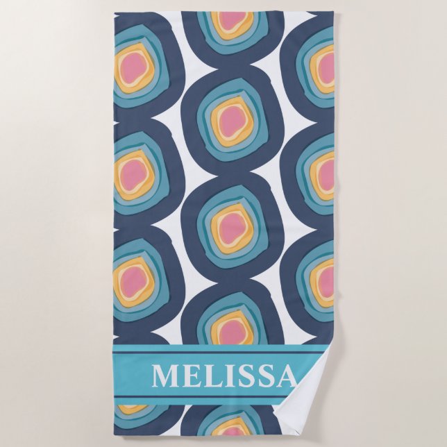 Modern Blue Aqua Pink Circles Personalised Beach Towel (Front)