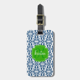 Modern Blue Arabesque Damask Green Personalised Luggage Tag