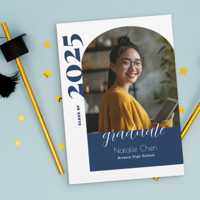 Modern Blue Arch Photo Graduation  Announcement (Creator Uploaded)