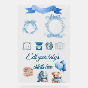 Modern Blue Baby Birth Stats Card Acrylic Sign