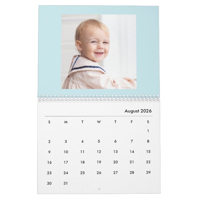 Modern Blue Baby Boy Family Photo Calendar 2026 (Aug 2026)