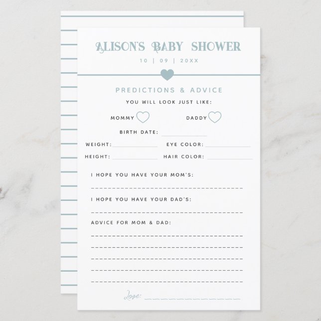 Modern Blue Baby Shower Advice and Predictions  (Front/Back)