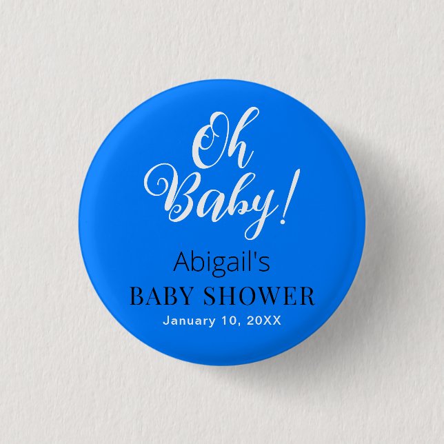 Modern Blue Baby Shower Button with Custom Text (Front)