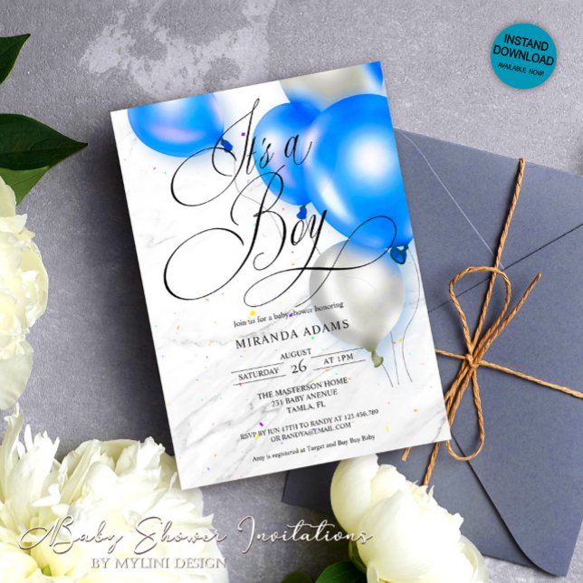 Modern Blue Balloons Boy Baby Shower Invitation (Creator Uploaded)