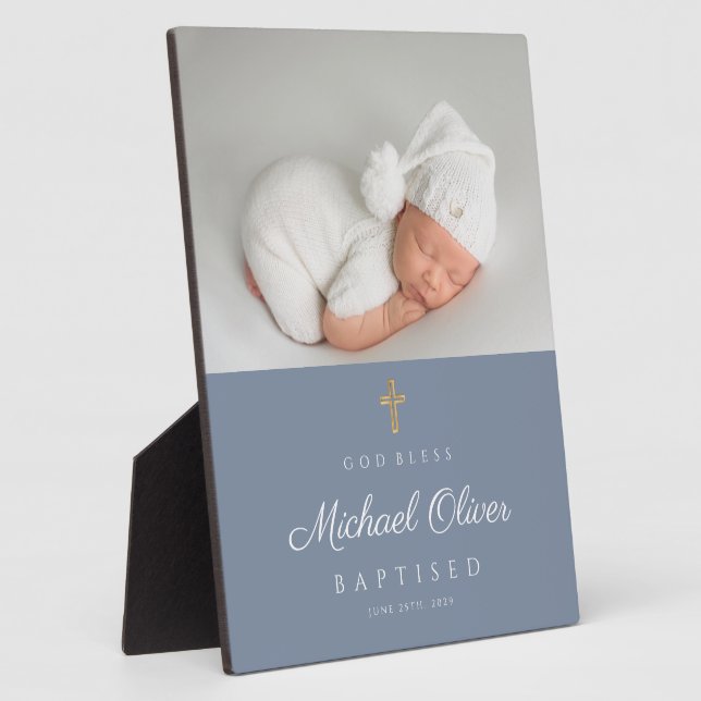 Modern Blue Baptised Boy Photo Keepsake Plaque (Side)