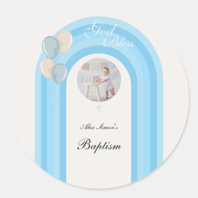 Modern Blue Baptism with Custom Photo Classic Round Sticker (Front)