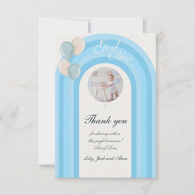 Modern Blue Baptism with Custom Photo Thank You Card (Front)