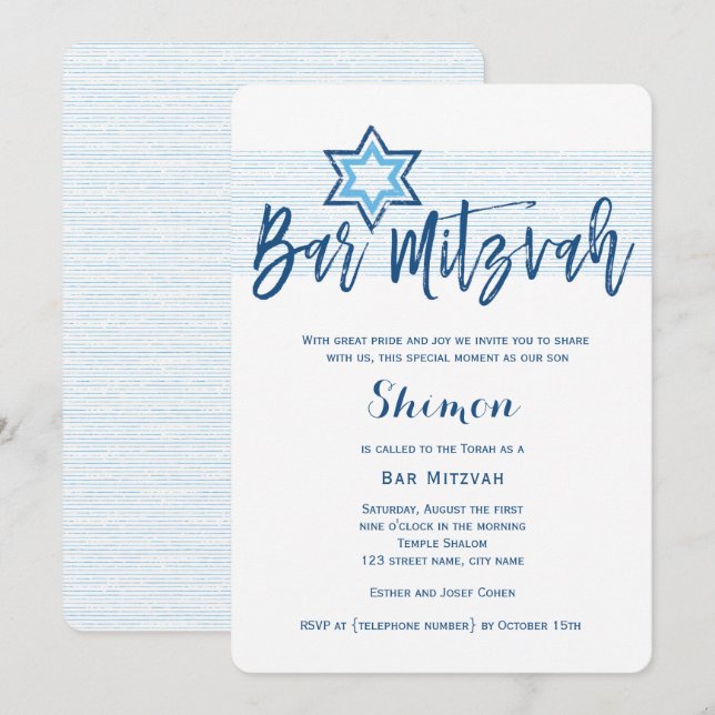 Modern Blue Bar Mitzvah Invitation (Front/Back)