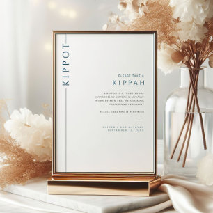 Modern Blue Bar Mitzvah Kippot Tabletop Sign Invitation