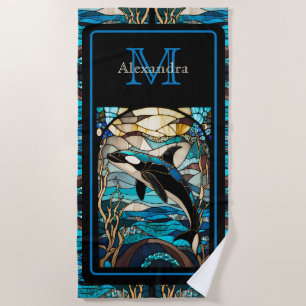 Modern Blue Beach Life Orca Whale in the ocean Towel