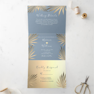 Modern Blue Beach Wedding Tri-Fold Invitation