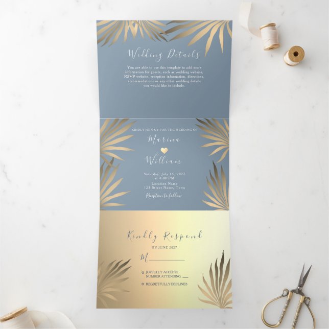 Modern Blue Beach Wedding Tri-Fold Invitation (Inside)