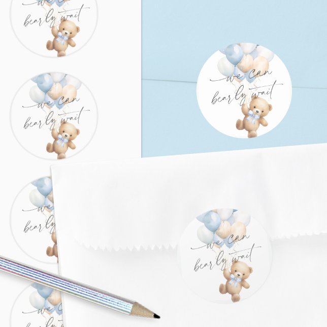 Modern Blue Bearly Wait baby Boy Shower Classic Round Sticker (Blue We Can Bearly Wait, baby Boy Shower Envelope Seals.)
