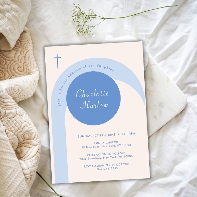 Modern Blue Beige Boho Arch Cross Baptism Invitation (Modern Blue Beige Boho Arch Cross Baptism Invitation)