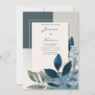 Modern Blue & Beige Geometric Botanical Wedding  Invitation