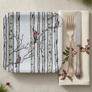 Modern Blue Birch Trees and Red Cardinal Birds Paper Plate