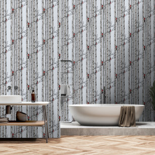 Modern Blue Birch Trees and Red Cardinal Birds Wallpaper