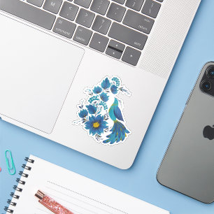 Modern Blue Bird Folk Art Floral Sticker