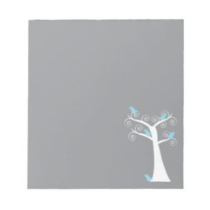 Modern Blue Birds on Whimsical White Swirl Tree Notepad