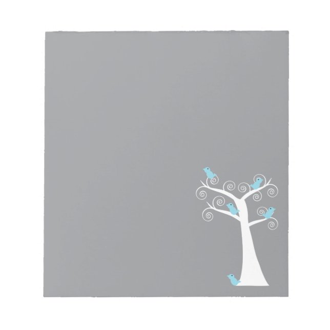 Modern Blue Birds on Whimsical White Swirl Tree Notepad (Front)