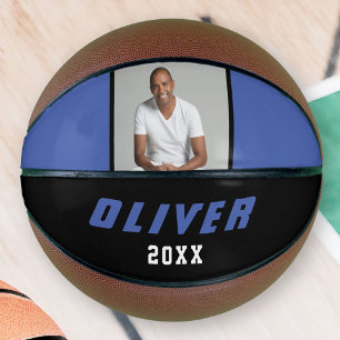 Modern Blue Black Custom Name Text Photo Basketball