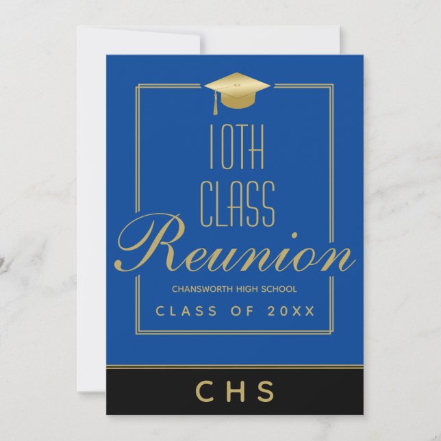 Modern Blue Black Gold Script 10th Class Reunion Invitation (Front)