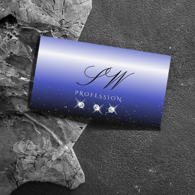 Modern Blue Black Ombre Sparkle Diamonds Monogram Business Card (Creator Uploaded)