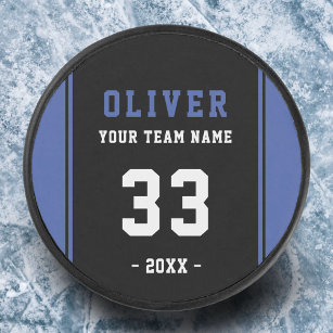 Modern Blue Black Player Name Number Team Hockey Puck
