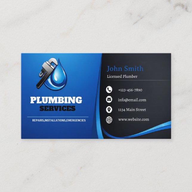 Modern Blue & Black Plumbing Business Card (Front)