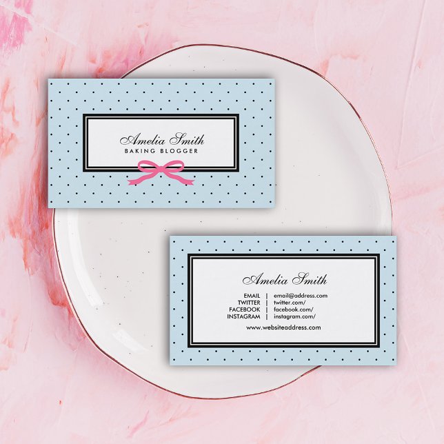 Modern Blue Black Polka Dot Pink Ribbon Blogger Business Card (Creator Uploaded)