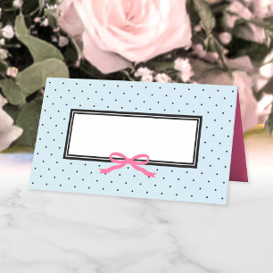 Modern Blue Black Polka Dot with Pink Ribbon Place Card
