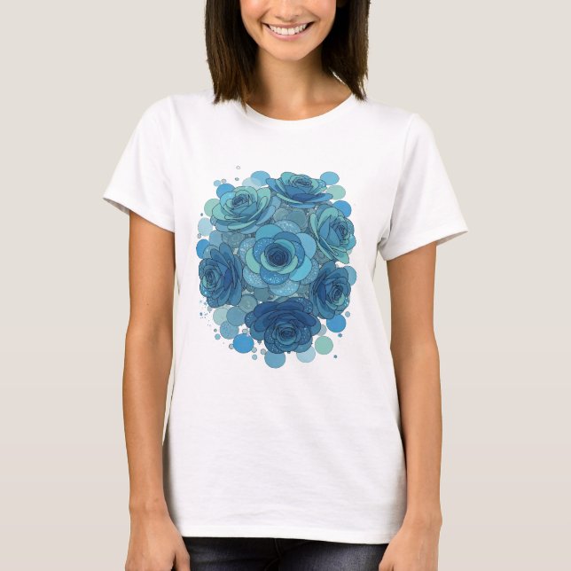 Modern Blue BLUE ROSES AND BUBBLES 3D Text Art T-Shirt (Front)