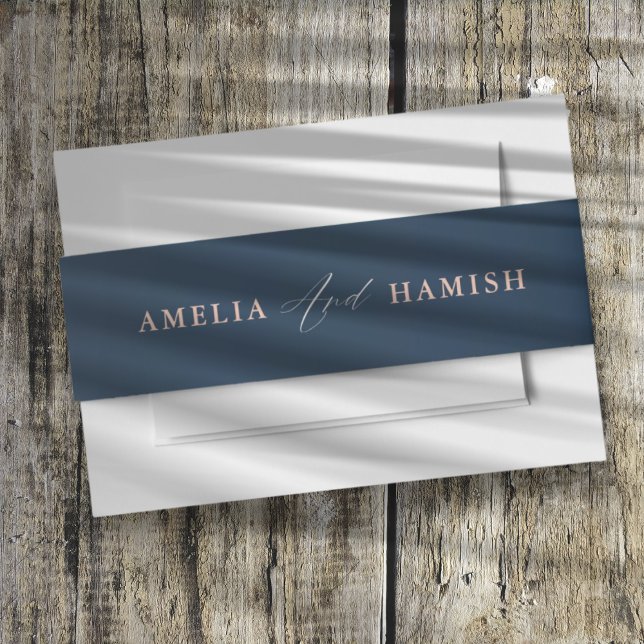 Modern Blue & Blush Calligraphy Wedding Invitation Belly Band (Creator Uploaded)