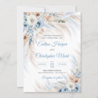 Modern blue boho flowers roses pampas tropical 