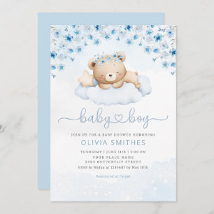 Modern Blue Boho Teddy Bear Boy Baby Shower Invitation
