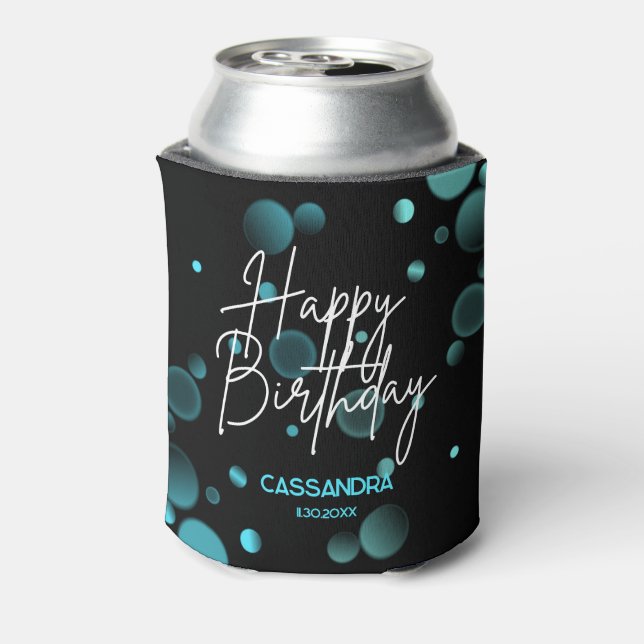 Modern Blue Bokeh Gradient Black Happy Birthday Can Cooler (Can Back)
