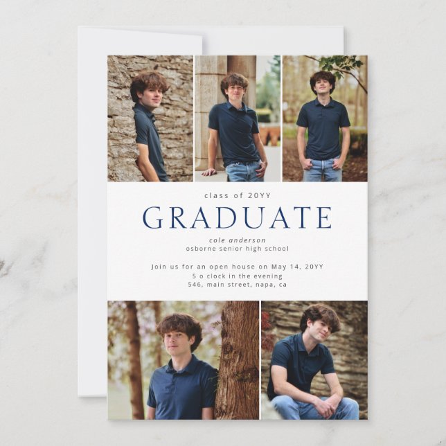 Modern Blue Bold Typography 5 Photo Graduation  Announcement (Front)