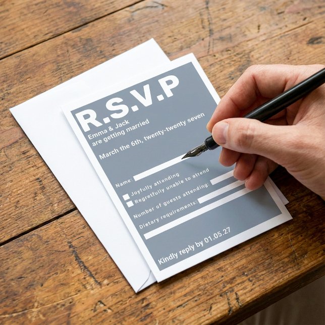 Modern Blue Bold typography RSVP Wedding (Modern Blue Bold typography RSVP Wedding response card with fillable fields.)