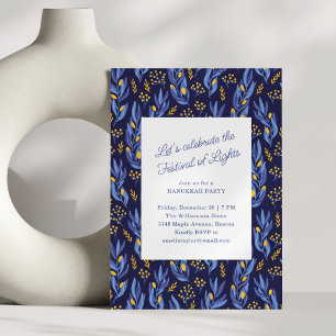 Modern Blue Botanical Family Hanukkah Party Invitation